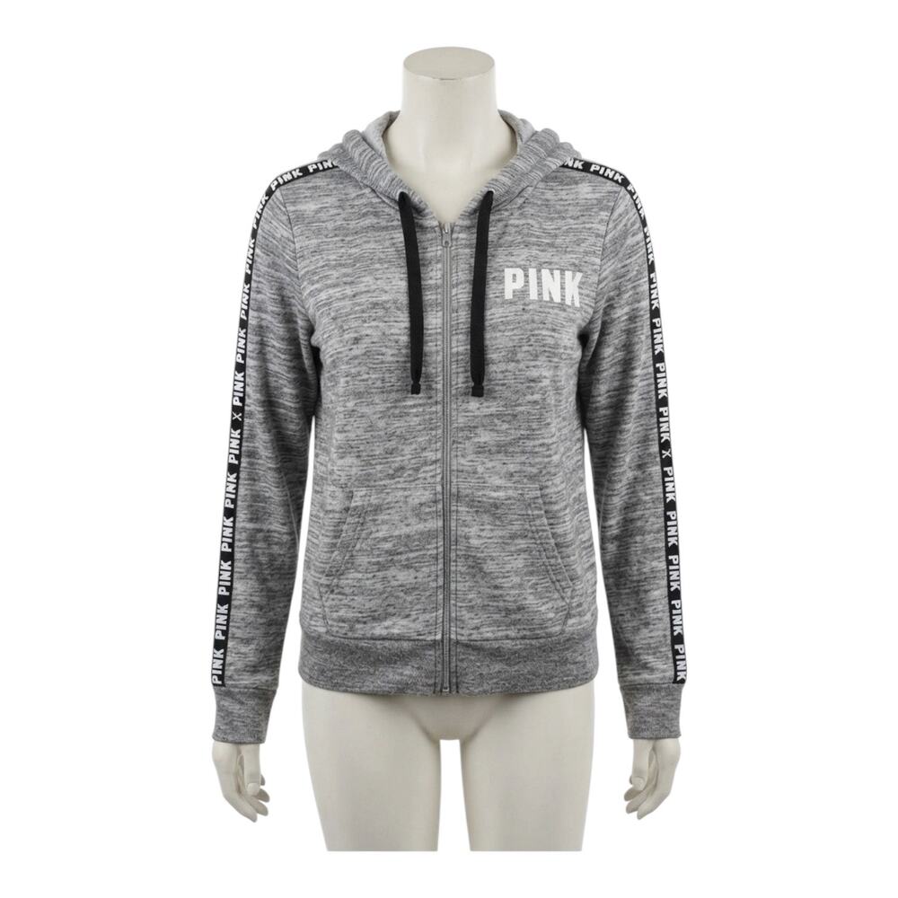 VS PINK Victoria's Secret Gray Logo Sleeve Full Zip Hoodie Sweatshirt Large